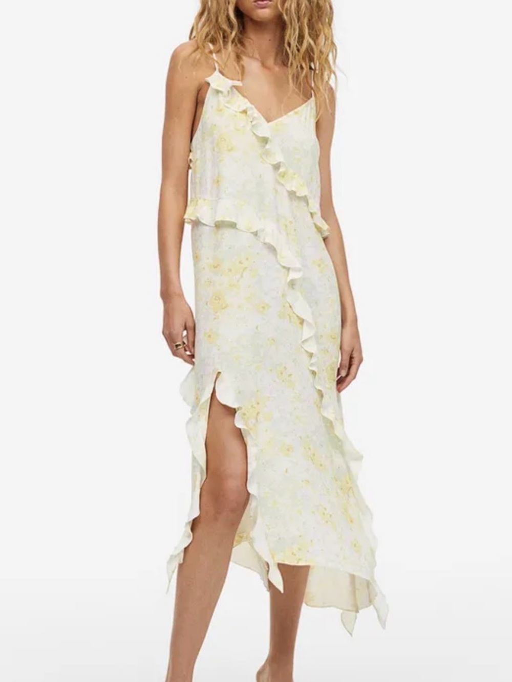 H&M Pale Yellow Floral Ruffle Midi Slip Dress